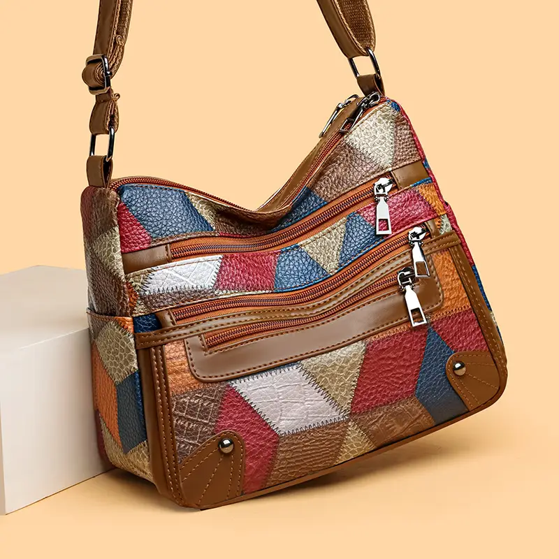 Women's Multi-Pocket Crossbody Bag with Spliced Pattern - Image 2