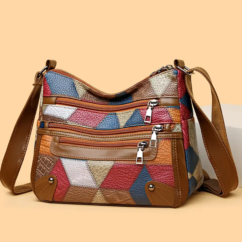 Women's Multi-Pocket Crossbody Bag with Spliced Pattern - Image 3