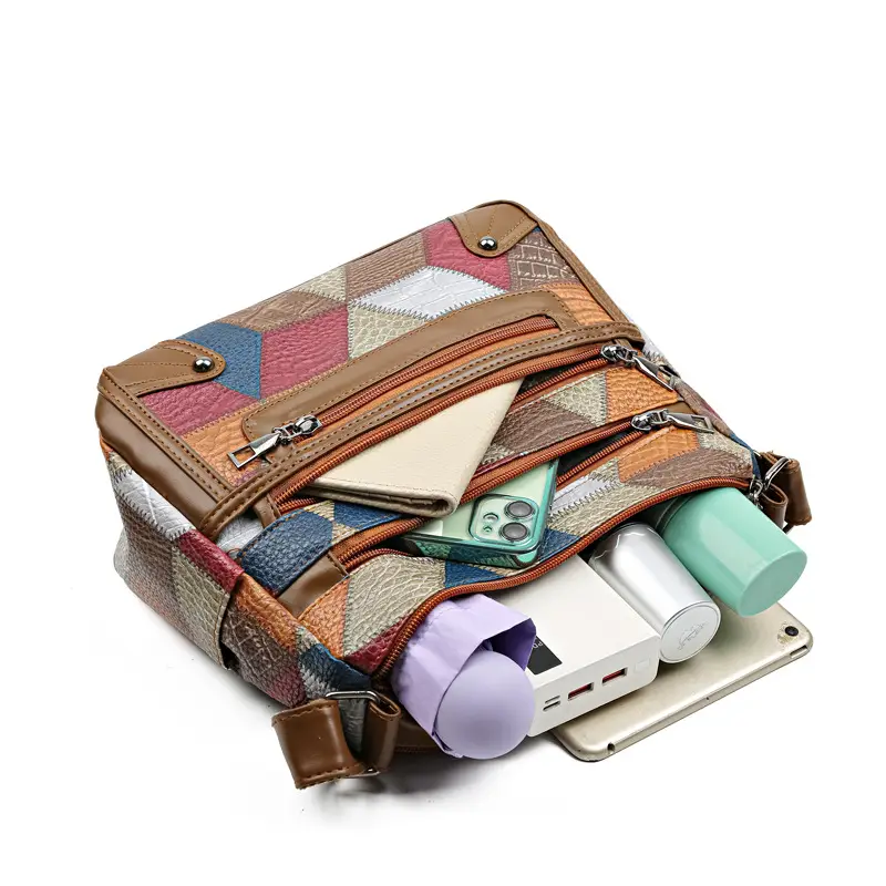 Women's Multi-Pocket Crossbody Bag with Spliced Pattern - Image 6