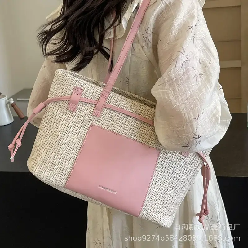 Women's Beige Straw Shoulder Tote Bag with Black Strap - Image 6