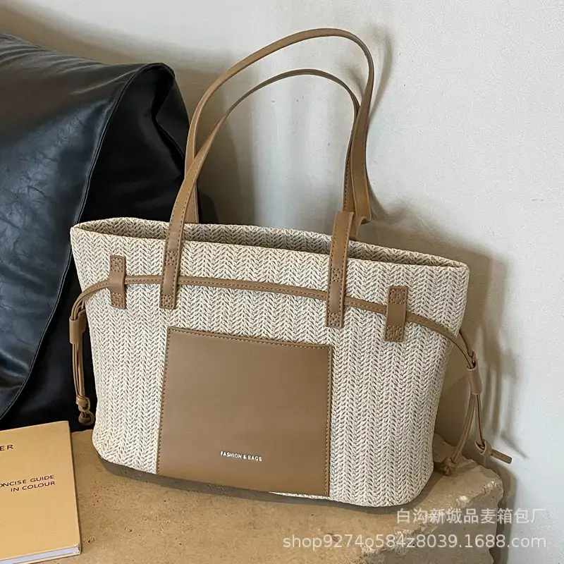 Women's Beige Straw Shoulder Tote Bag with Black Strap - Image 7