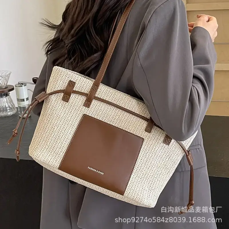 Women's Beige Straw Shoulder Tote Bag with Black Strap - Image 8