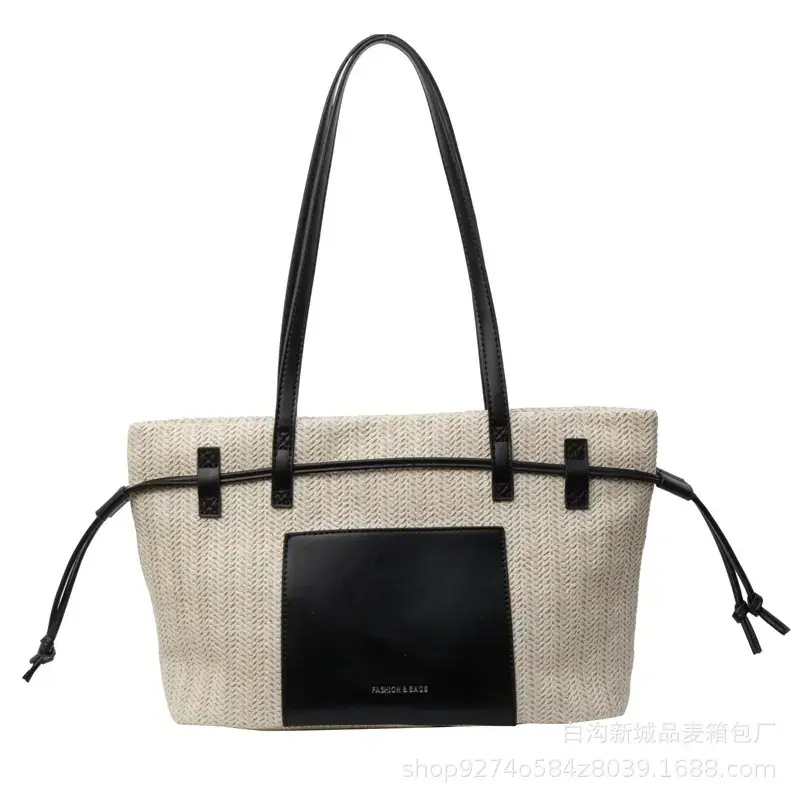Women's Beige Straw Shoulder Tote Bag with Black Strap - Image 9