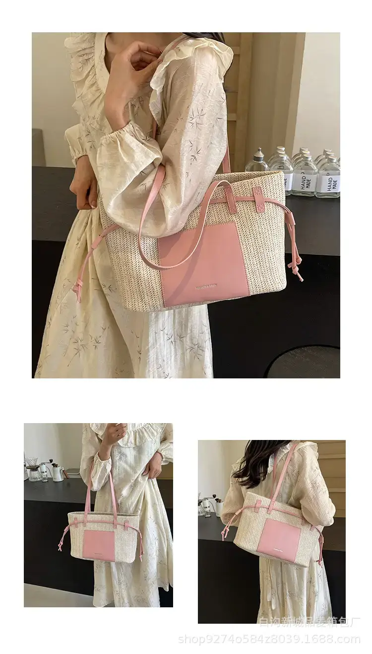 Women's Beige Straw Shoulder Tote Bag with Black Strap — feature 10
