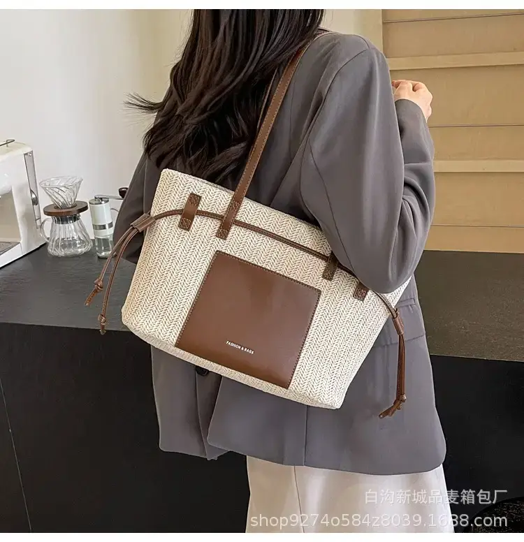 Women's Beige Straw Shoulder Tote Bag with Black Strap — feature 16