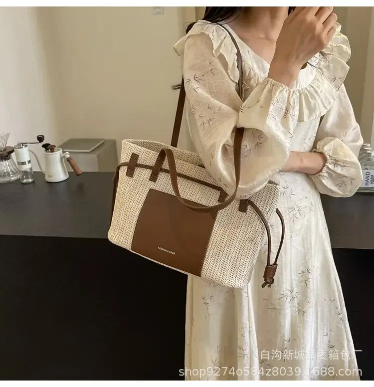 Women's Beige Straw Shoulder Tote Bag with Black Strap — feature 17