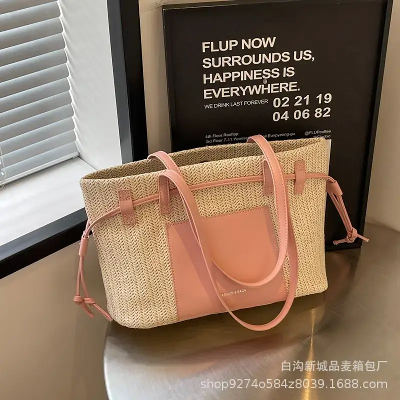 Women's Beige Straw Shoulder Tote Bag with Black Strap - Image 4