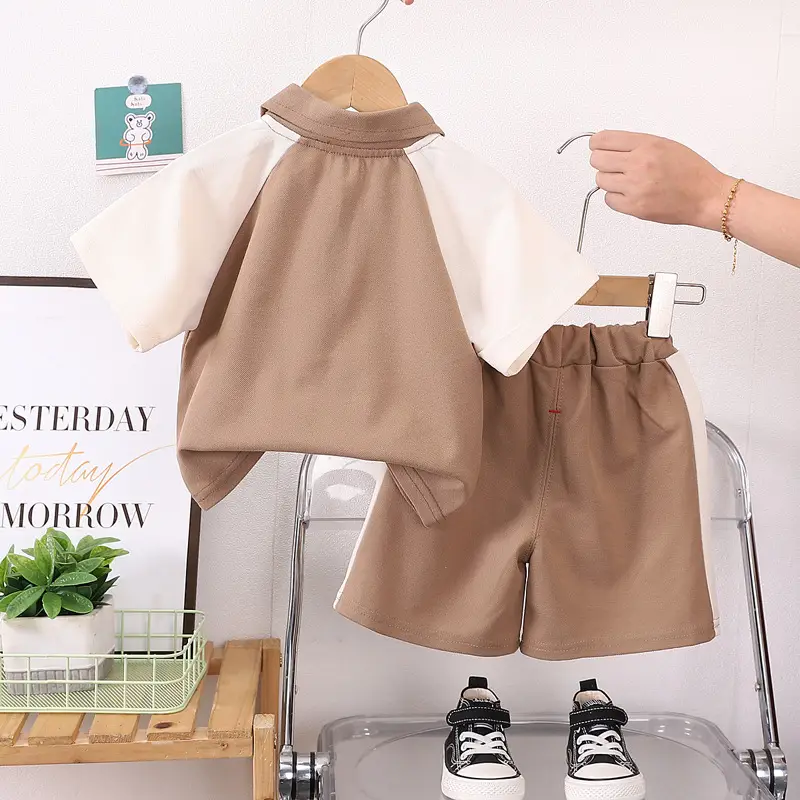 2024 Summer Korean Boys T-Shirt Two-Piece Suit Orange Brown - Image 5