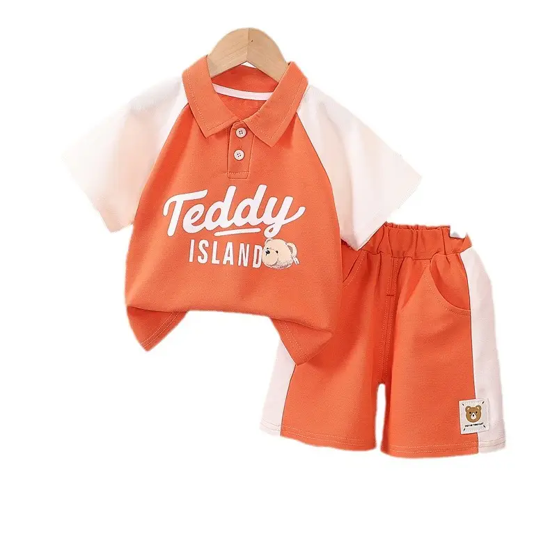 2024 Summer Korean Boys T-Shirt Two-Piece Suit Orange Brown - Image 6