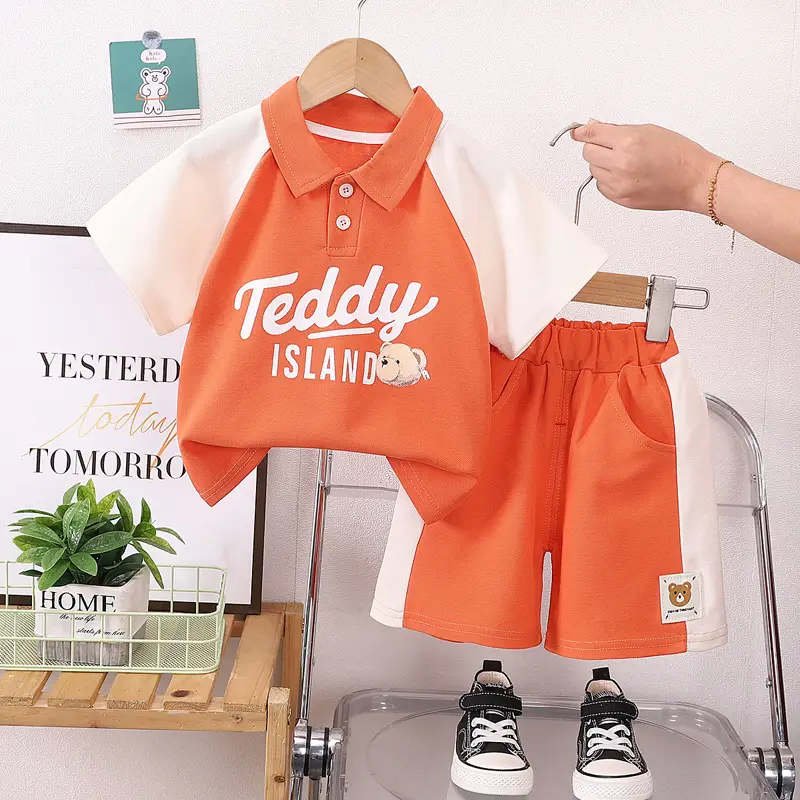 2024 Summer Korean Boys T-Shirt Two-Piece Suit Orange Brown - Image 2