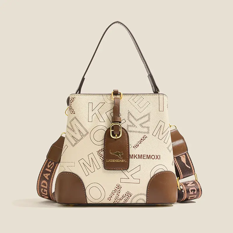 Retro Printed Bucket Bag Women's Brown Brown Leather - Image 6