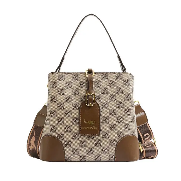 Retro Printed Bucket Bag Women's Brown Brown Leather - Image 7