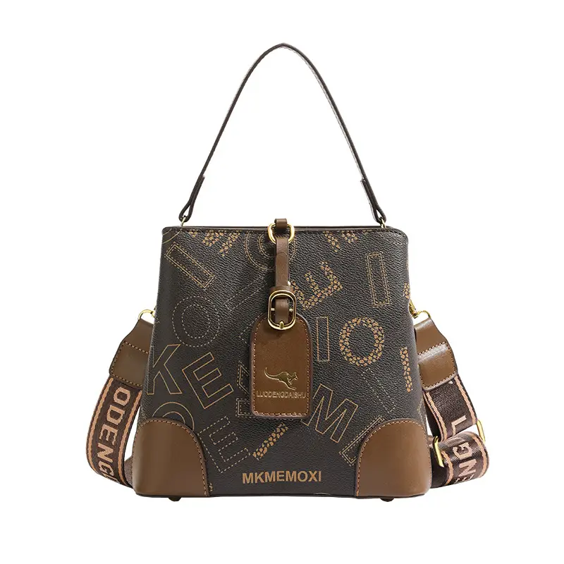 Retro Printed Bucket Bag Women's Brown Brown Leather - Image 9
