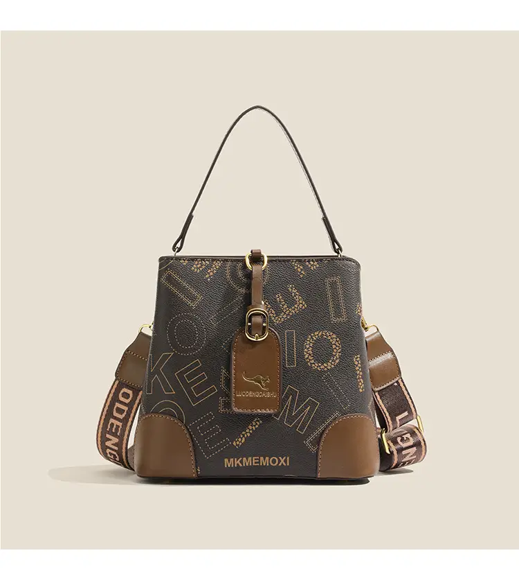 Retro Printed Bucket Bag Women's Brown Brown Leather — feature 9