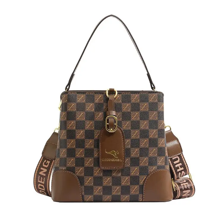 Retro Printed Bucket Bag Women's Brown Brown Leather - Image 4