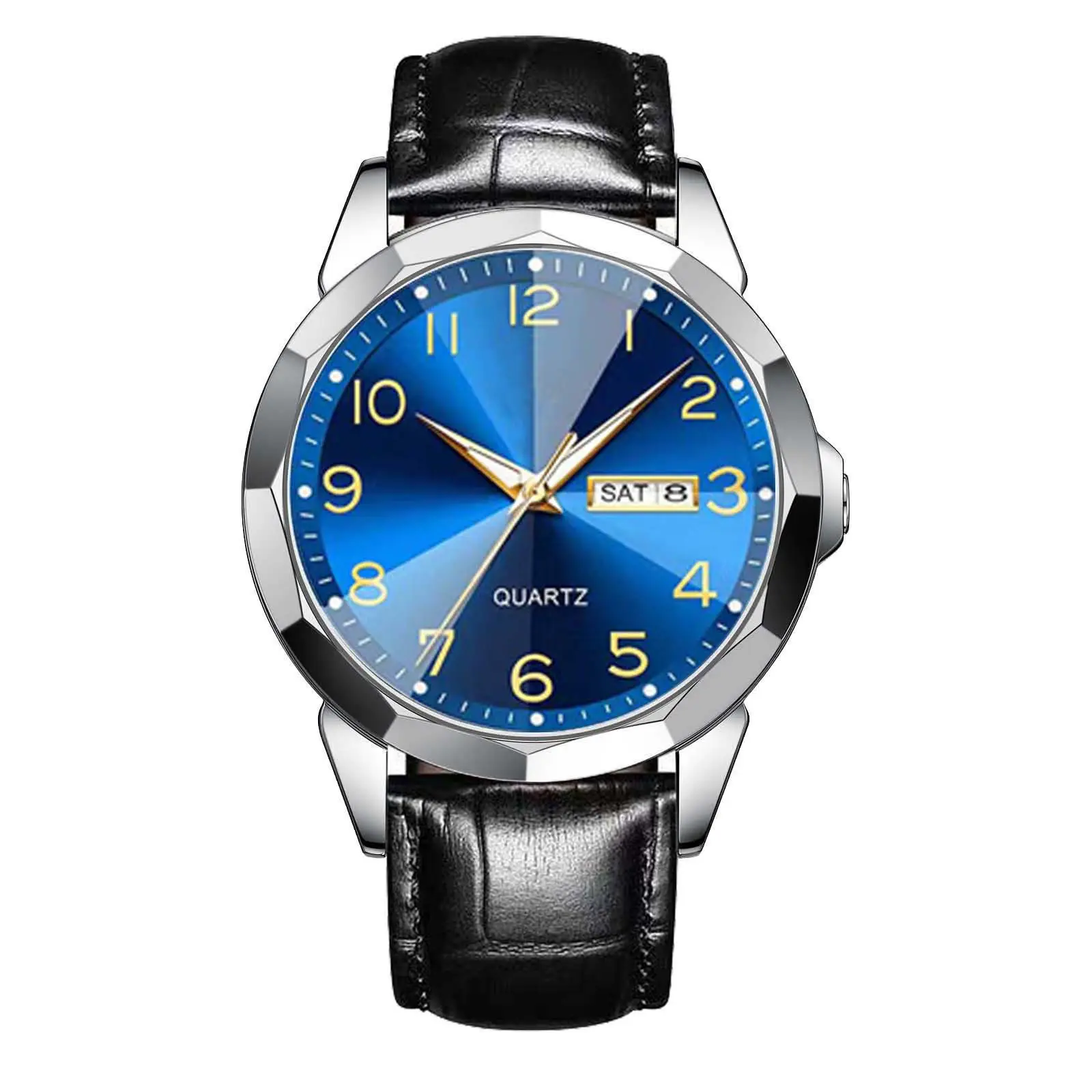 Luxury Men's Quartz Watch Blue Dial Black Leather Band — feature 14