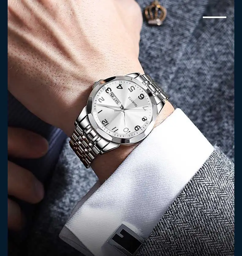 Luxury Men's Quartz Watch Blue Dial Black Leather Band — feature 2