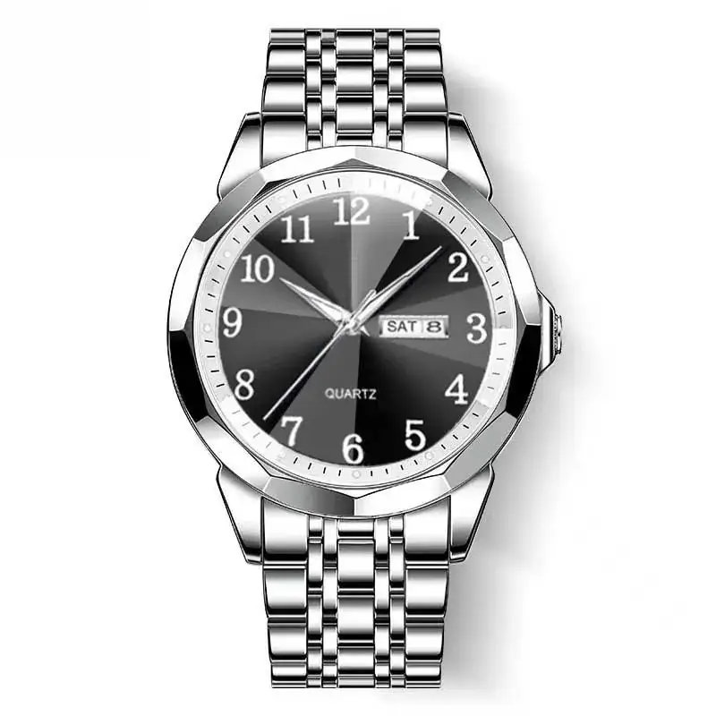 Luxury Men's Quartz Watch Blue Dial Black Leather Band - Image 5