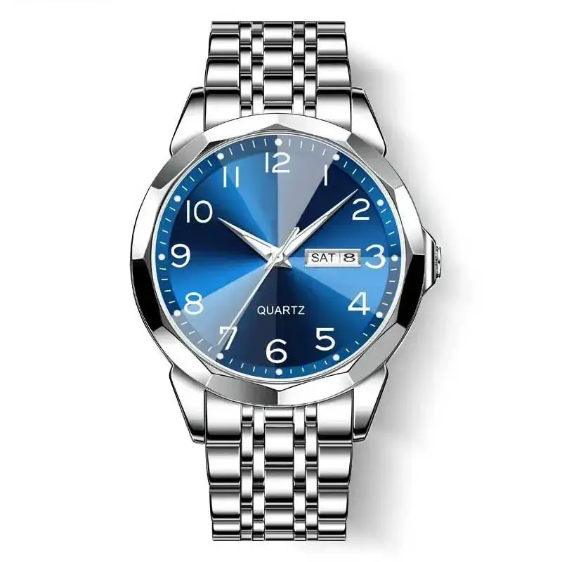 Luxury Men's Quartz Watch Blue Dial Black Leather Band - Image 6