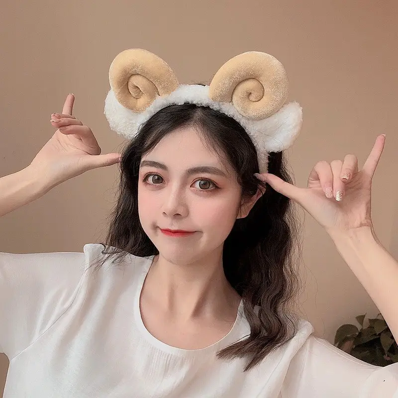 Cute Sheep Horn Headband with Wool Ear Wash Face