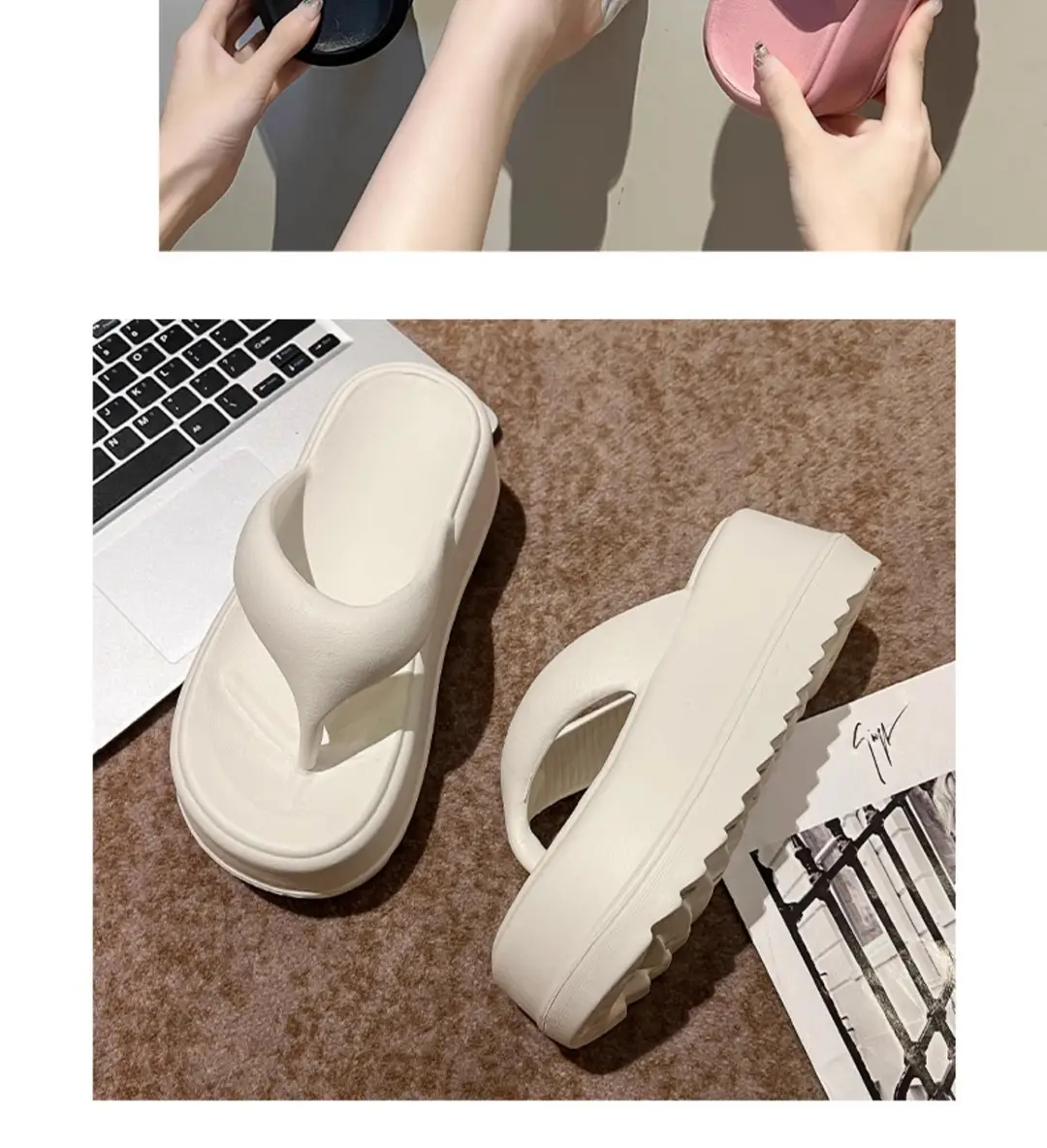 7.5 Thick Bottom Increased Eva Clip Flip-Flops Women's Summer Home New Black Outer Wear Cyber Popular Beach Slippers — feature 20