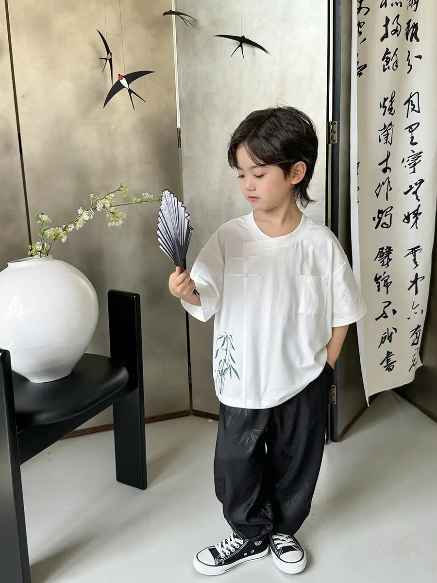 Boys Hanfu Set Green Short Sleeve T-Shirt & Pants - Image 6