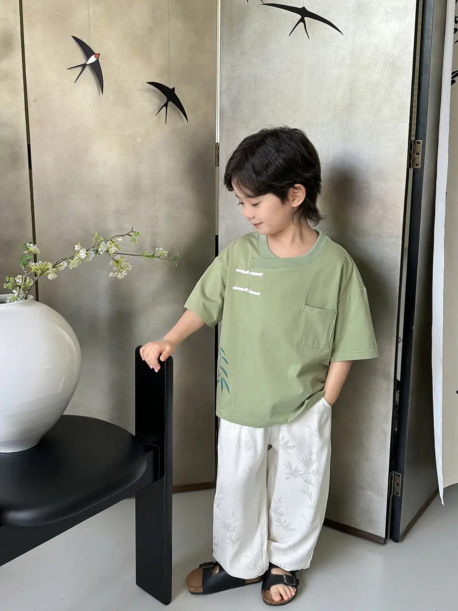 Boys Hanfu Set Green Short Sleeve T-Shirt & Pants - Image 8