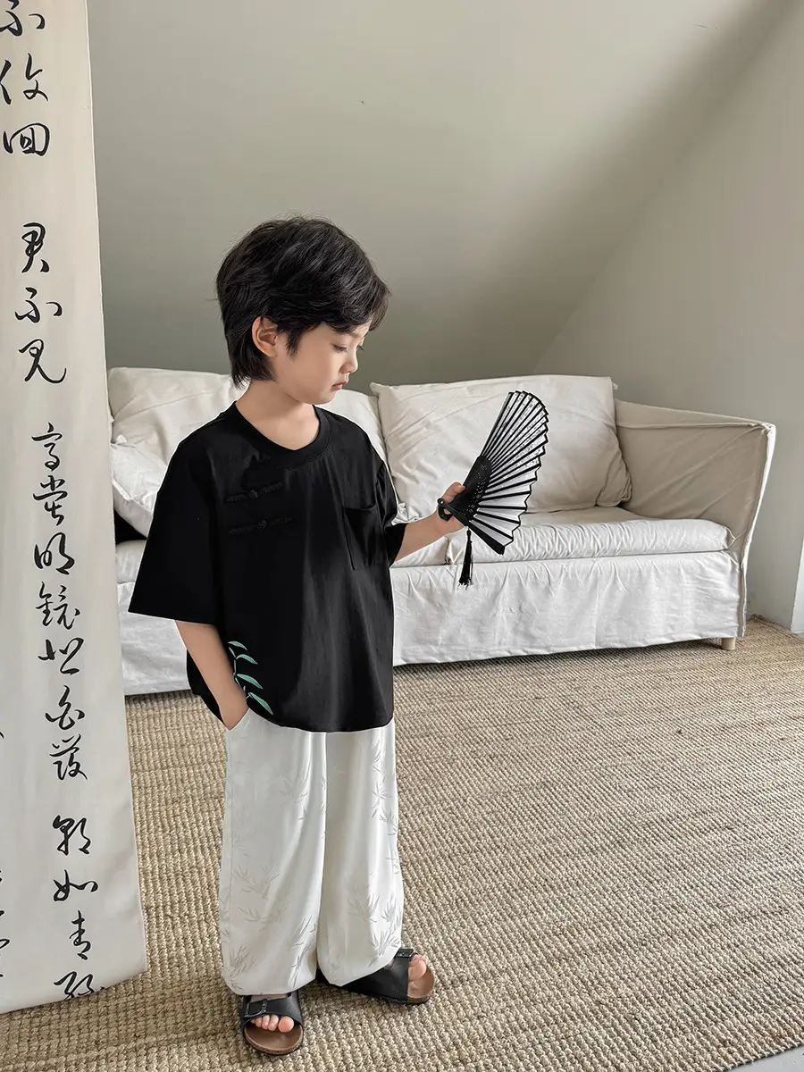 Boys Hanfu Set Green Short Sleeve T-Shirt & Pants - Image 9
