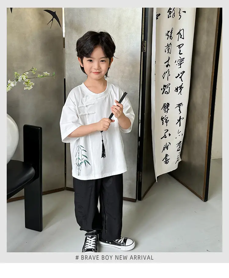 Boys Hanfu Set Green Short Sleeve T-Shirt & Pants — feature 2