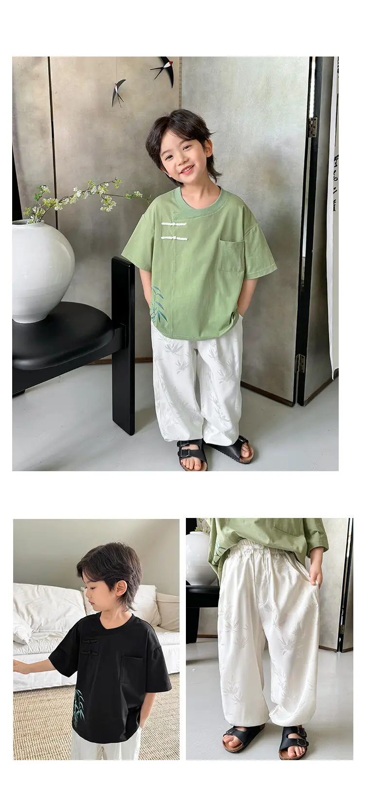 Boys Hanfu Set Green Short Sleeve T-Shirt & Pants — feature 8