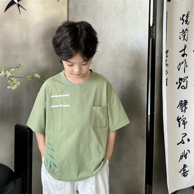 Boys Hanfu Set Green Short Sleeve T-Shirt & Pants - Image 2
