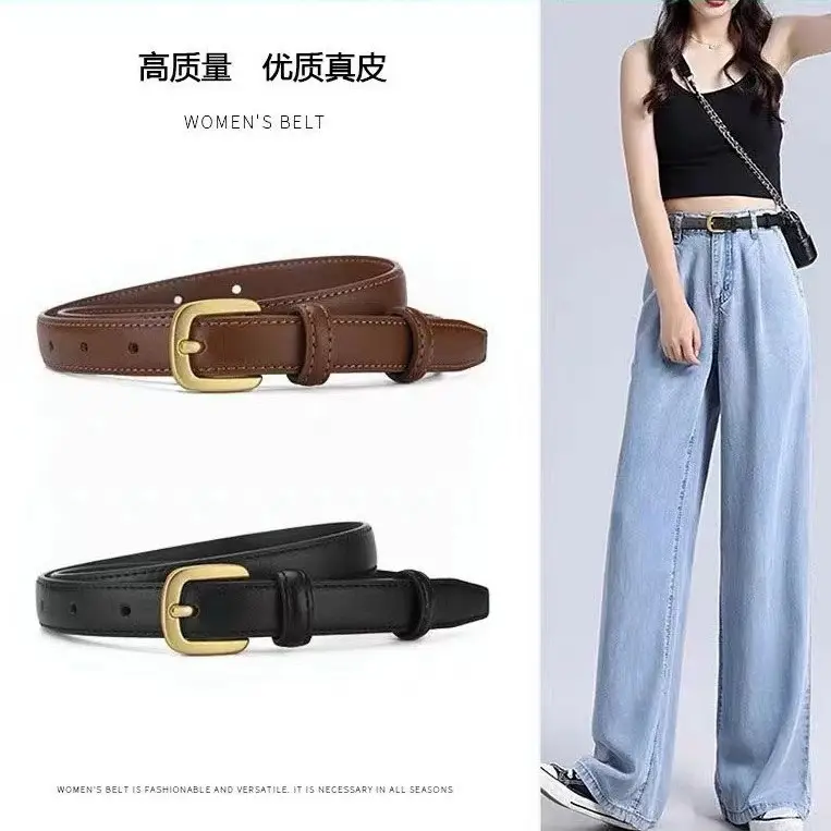 Women's Black Genuine Leather Belt with Gold Alloy Buckle - Image 3