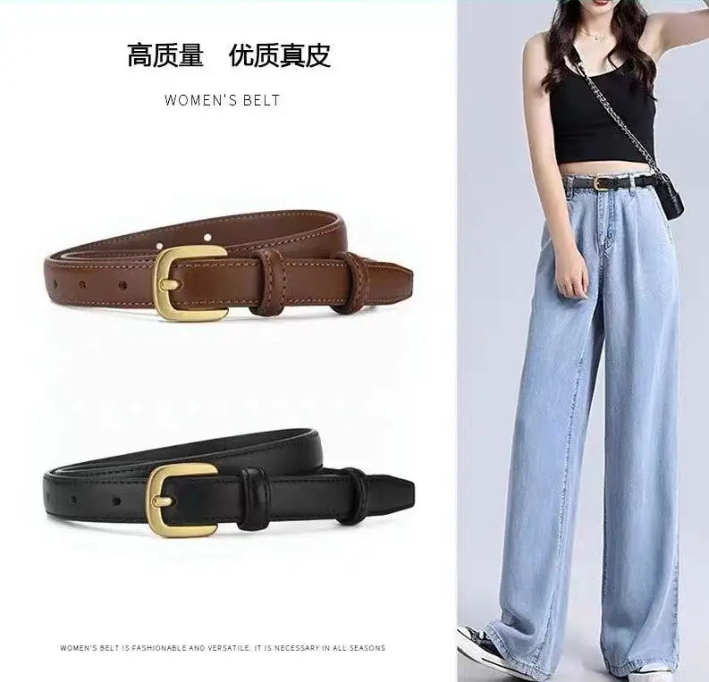 Women's Black Genuine Leather Belt with Gold Alloy Buckle — feature 1