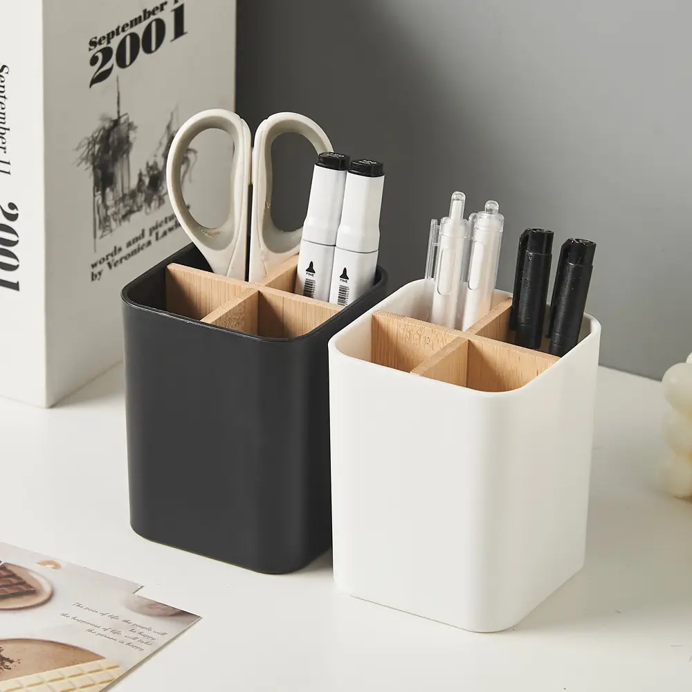 Desktop Pen Holder 4-Sided Storage Barrel 9x9x11cm