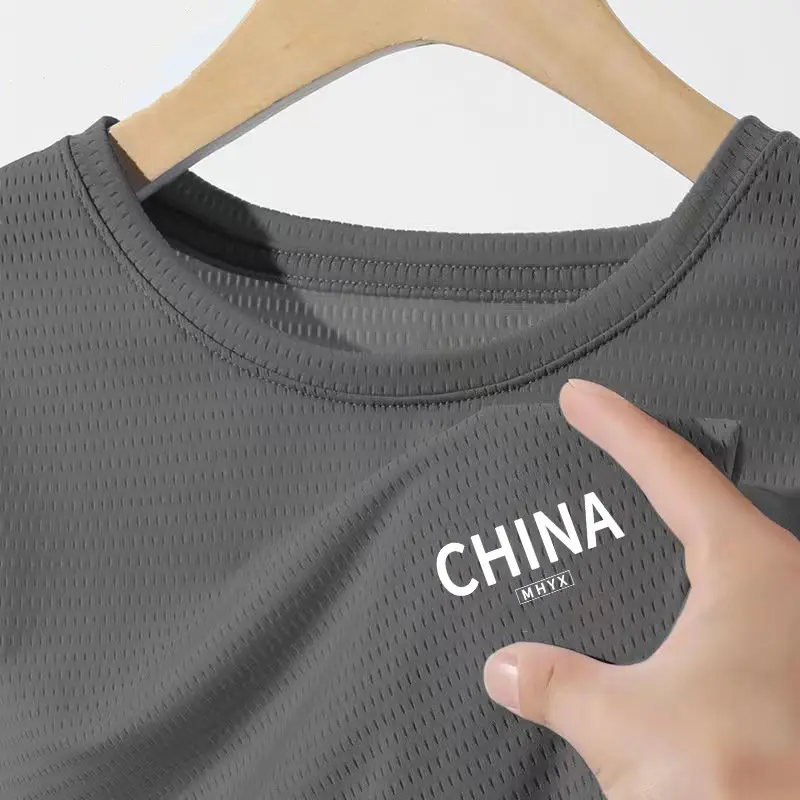 Men Ice Silk T-Shirt Black Exercise Logo - Image 12