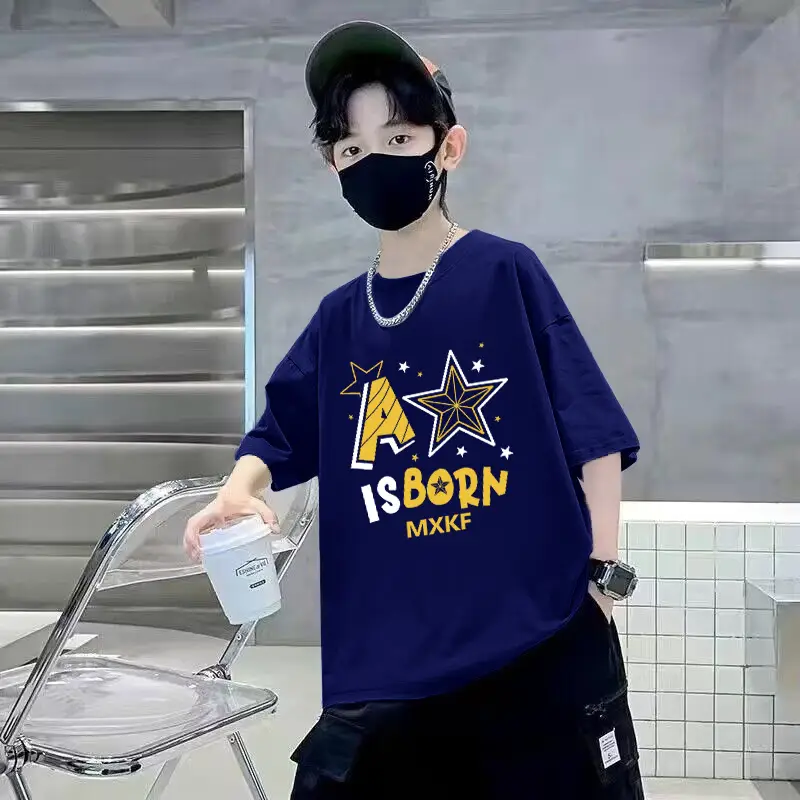 Boys Cotton T-Shirt Blue Cartoon Mid Size Loose Fit