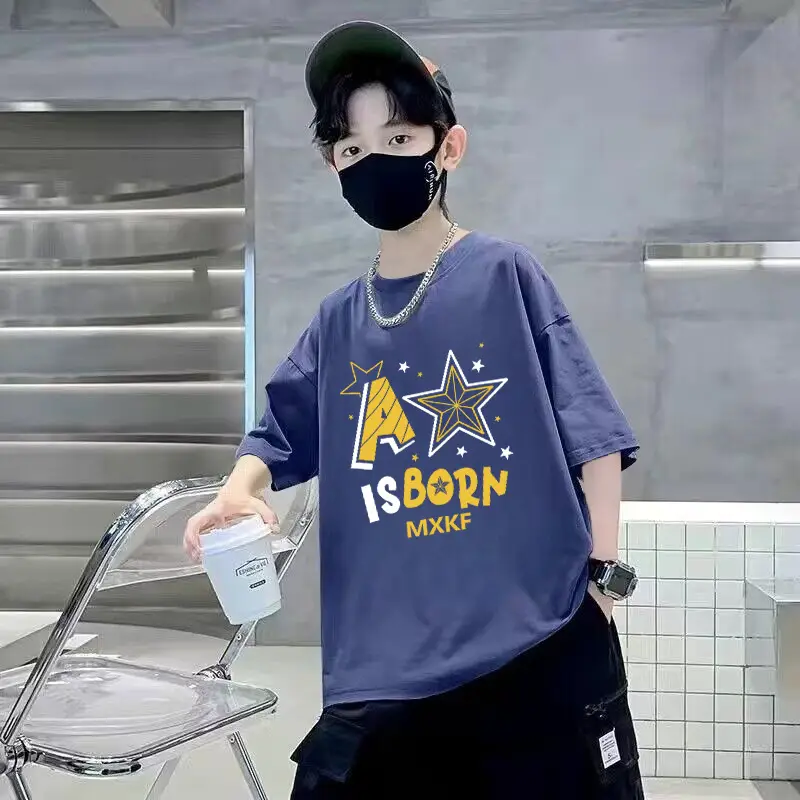 Boys Cotton T-Shirt Blue Cartoon Mid Size Loose Fit