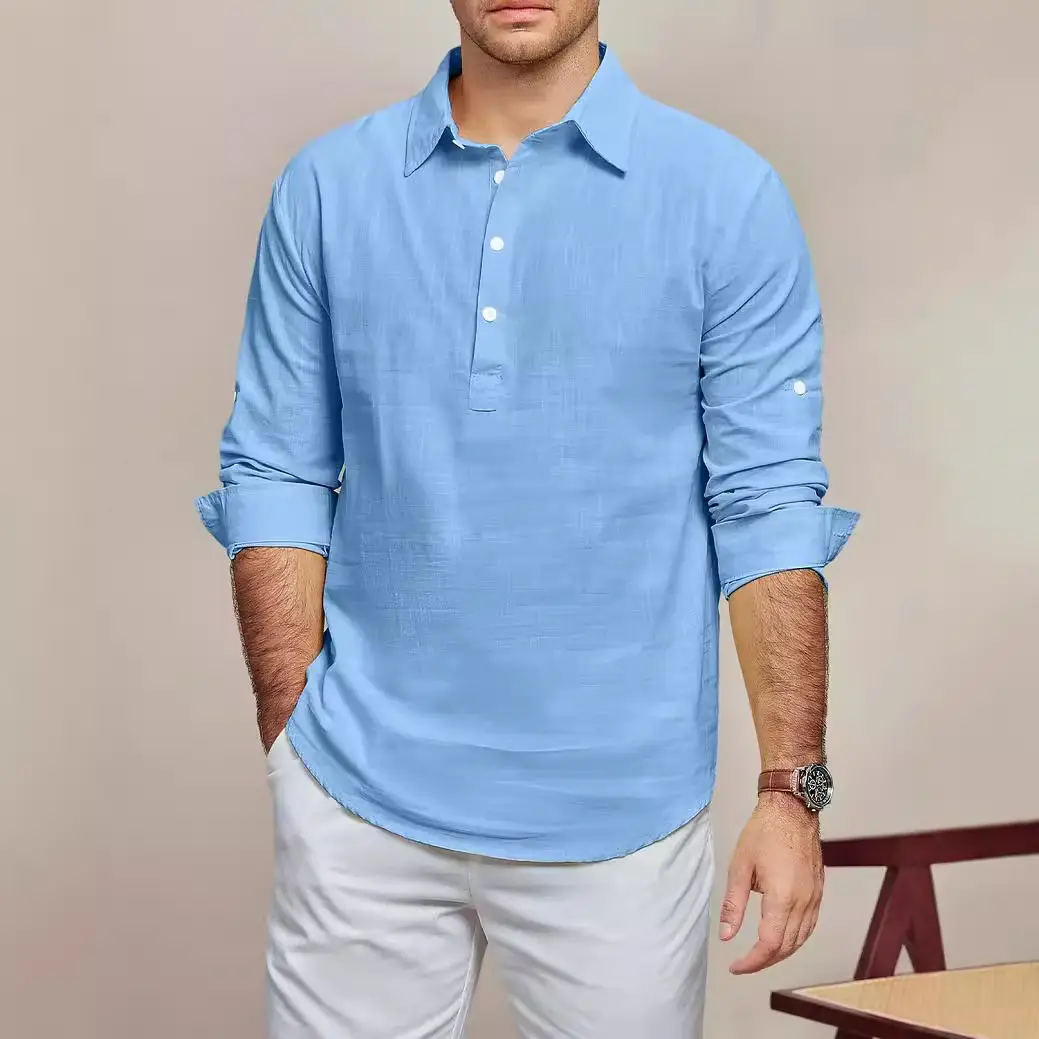 Men's Black Long Sleeve Lapel Shirt Solid Color