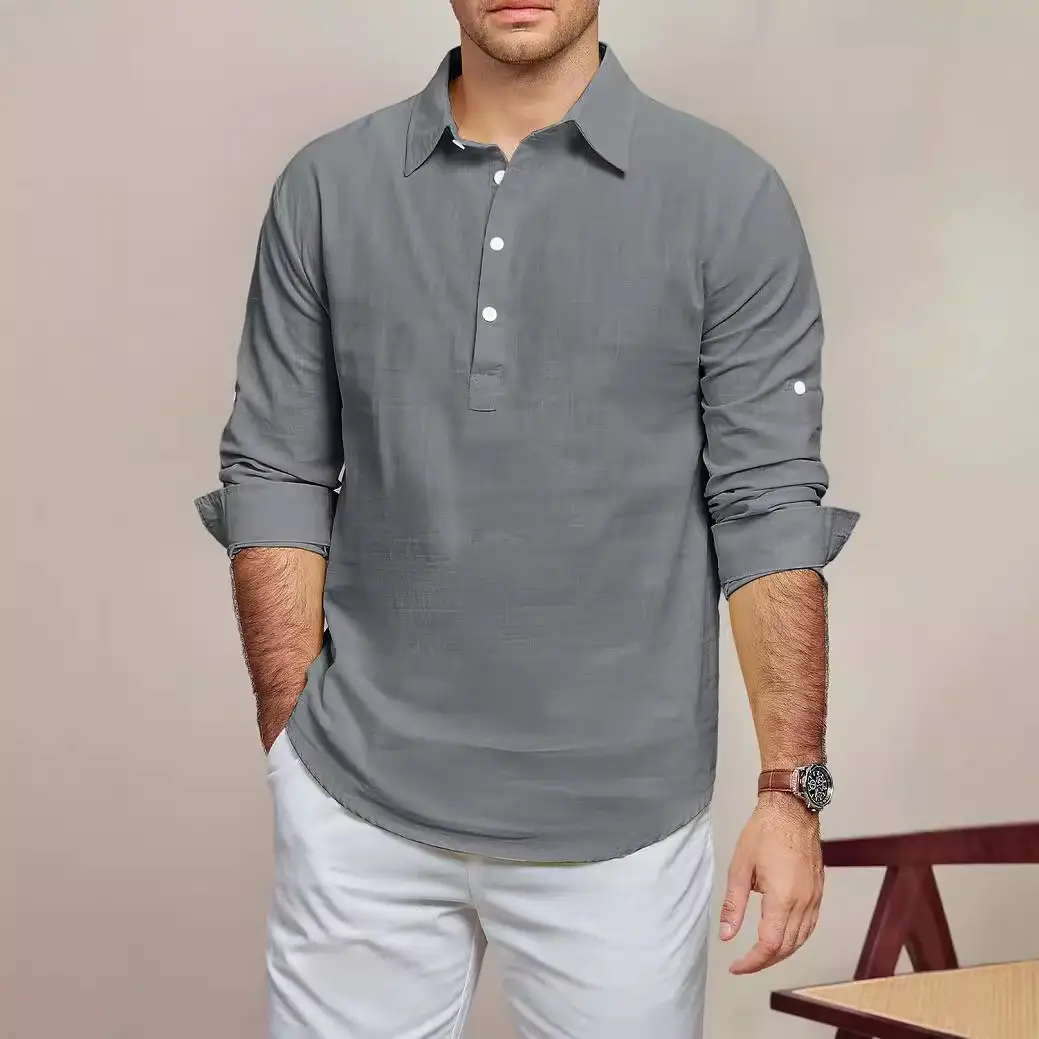 Men's Black Long Sleeve Lapel Shirt Solid Color