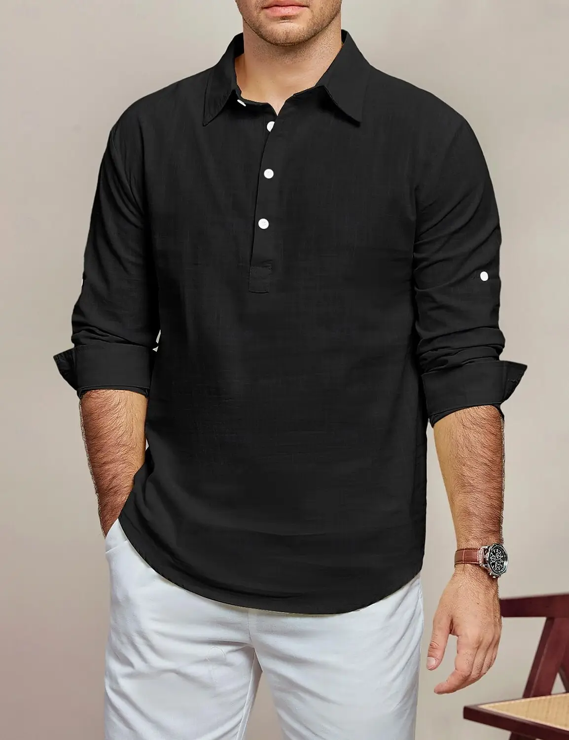 Men's Black Long Sleeve Lapel Shirt Solid Color