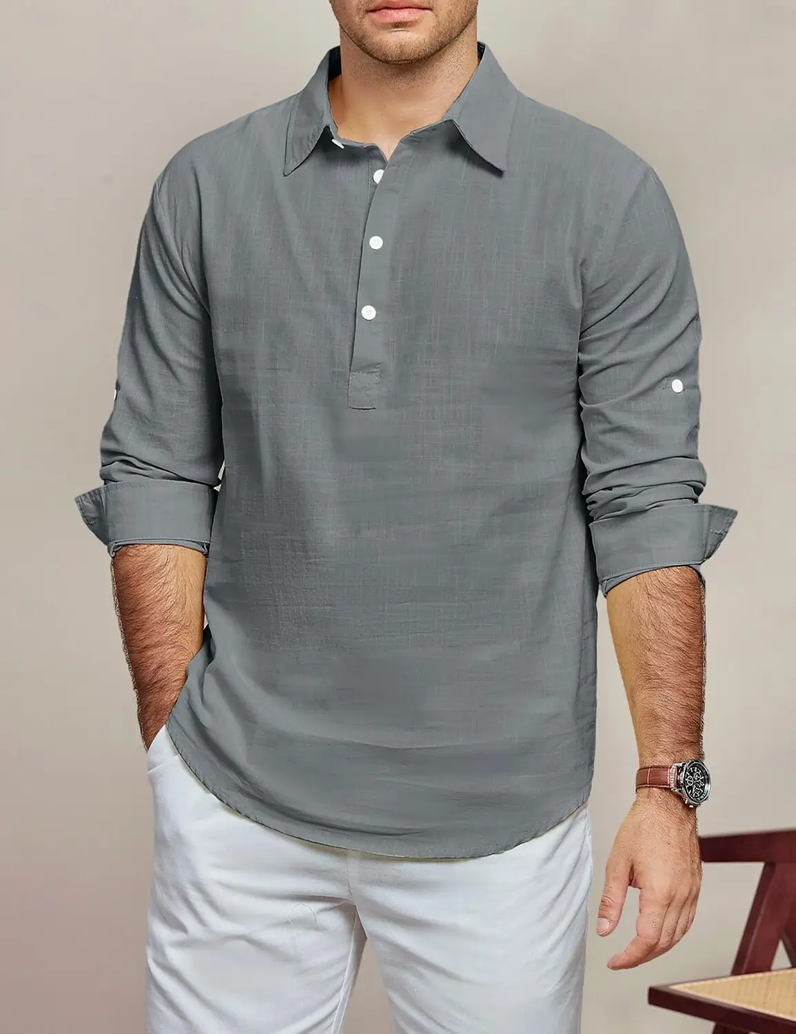 Men's Black Long Sleeve Lapel Shirt Solid Color