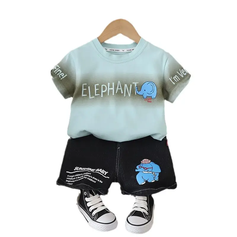 Kids Elephant Print T-Shirt Shorts Set Light Blue Cotton - Image 5