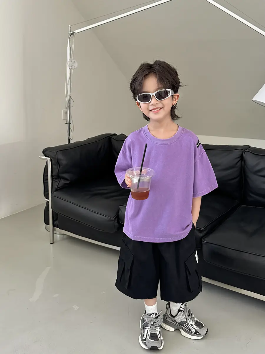 Kids Pure Cotton Vintage T-Shirt Purple Boys Summer Wear - Image 4