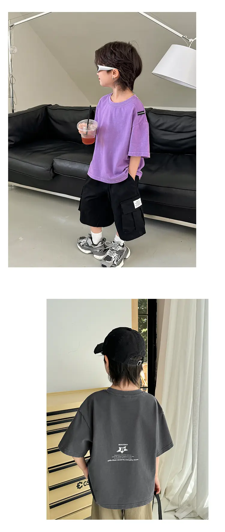 Kids Pure Cotton Vintage T-Shirt Purple Boys Summer Wear — feature 11