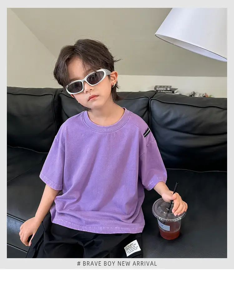 Kids Pure Cotton Vintage T-Shirt Purple Boys Summer Wear — feature 2