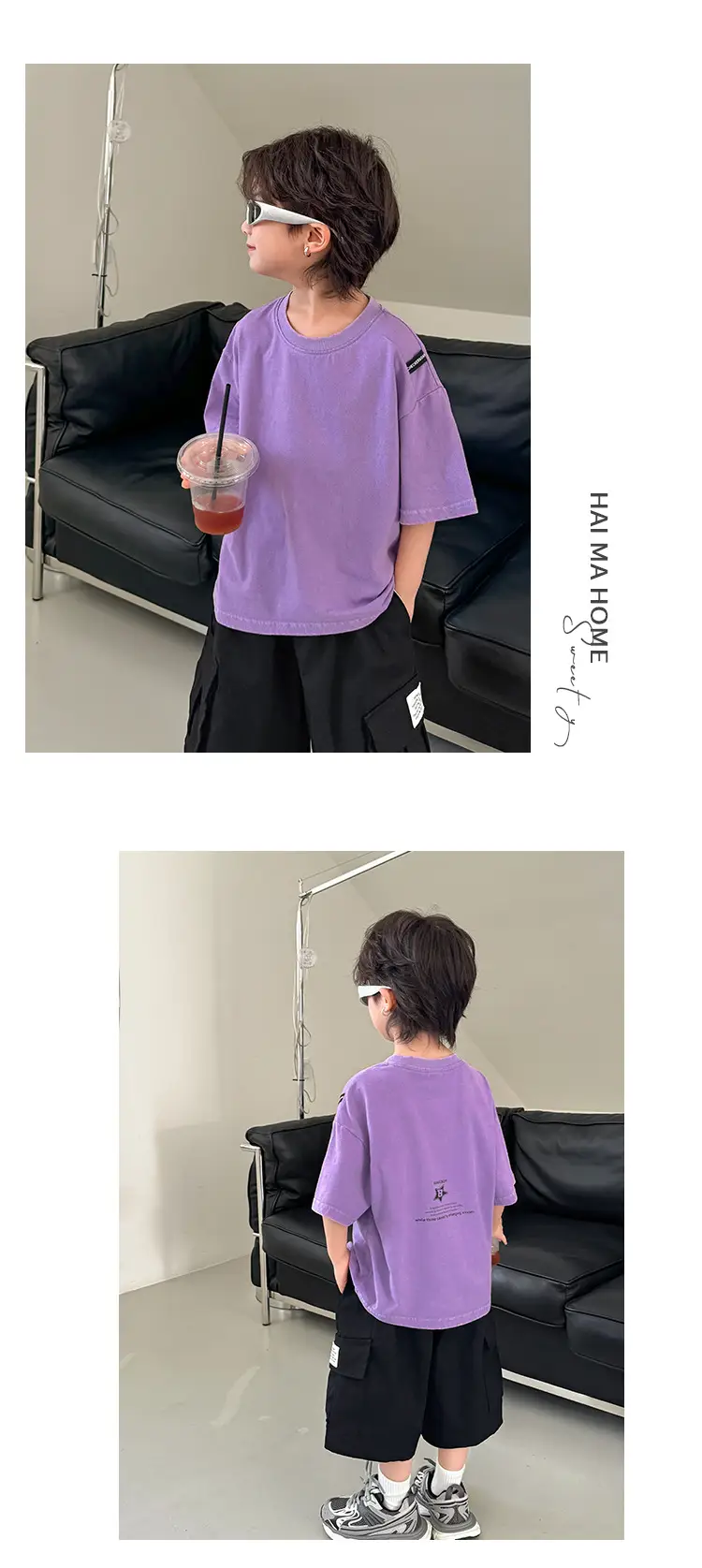 Kids Pure Cotton Vintage T-Shirt Purple Boys Summer Wear — feature 9
