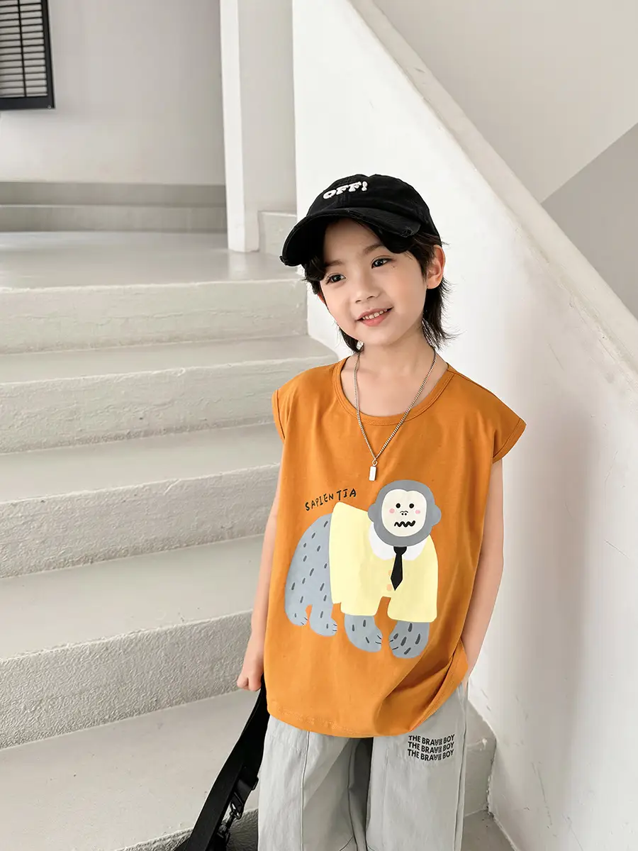 Kids Sleeveless Vest T-Shirt Korean Style Cartoon Print Orange - Image 7