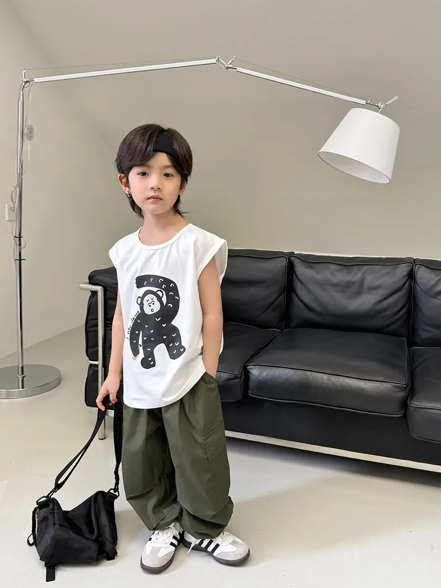Kids Sleeveless Vest T-Shirt Korean Style Cartoon Print Orange - Image 8
