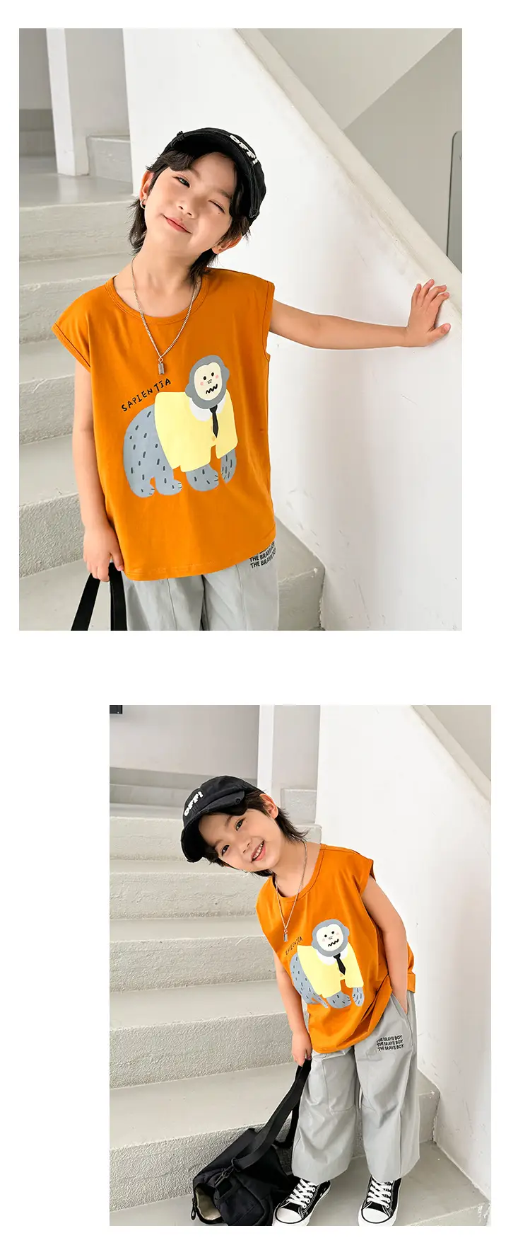 Kids Sleeveless Vest T-Shirt Korean Style Cartoon Print Orange — feature 12