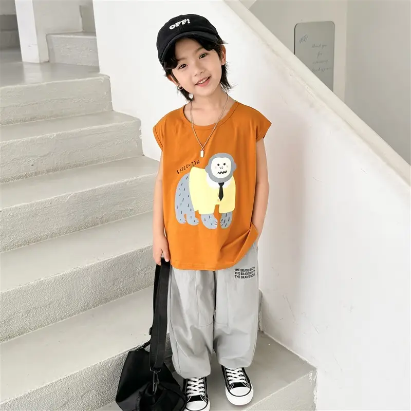 Kids Sleeveless Vest T-Shirt Korean Style Cartoon Print Orange - Image 2